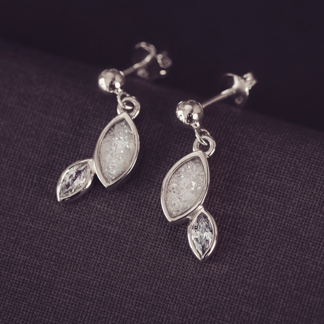 Sterling silver marquise cut earrings, created with cremation ashes, crystal and resin