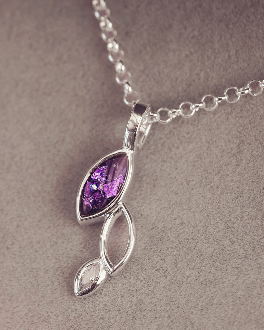sterling silver necklace featuring gem stone, cremation ashes, purple crystal and resin