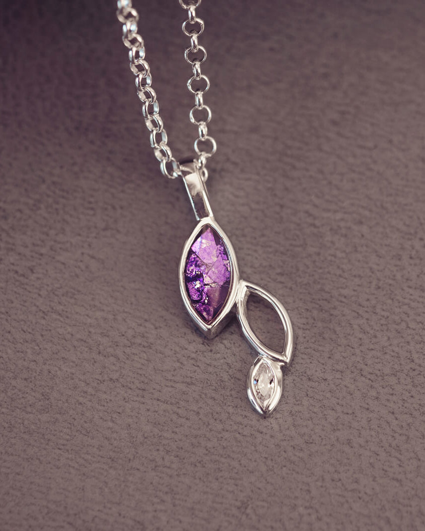 sterling silver necklace featuring gem stone, cremation ashes, purple crystal and resin