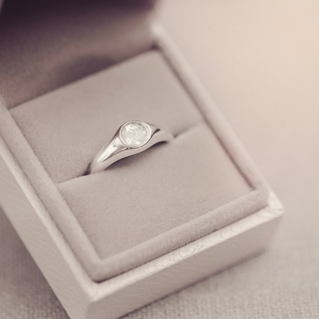 Silver ring with a diamond in a jewelry box