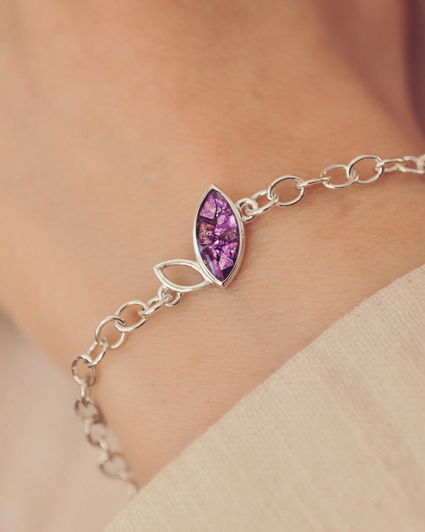 Silver Marquise Bracelet with purple crystals and cremation ashes, worn on a ladies wrist