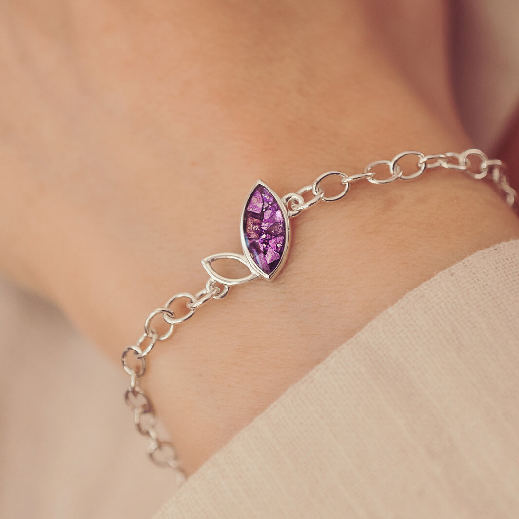 Silver Marquise Bracelet with purple crystals and cremation ashes, worn on a ladies wrist