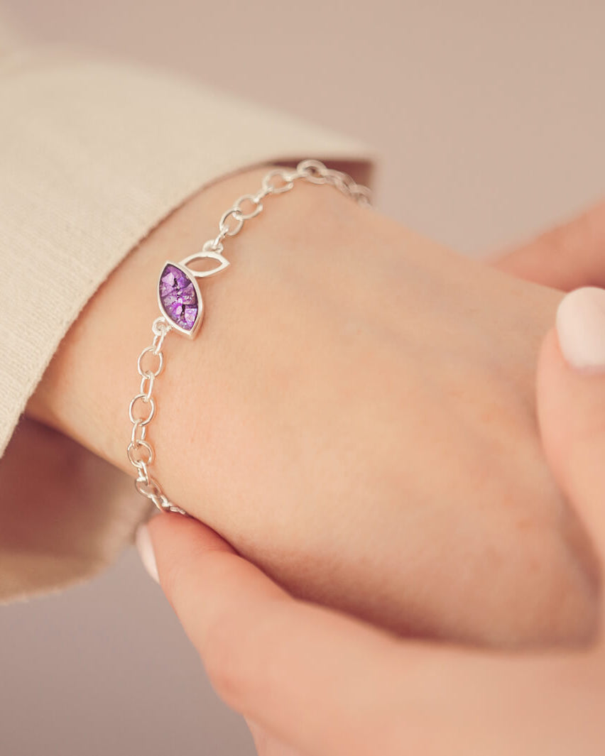 Silver Marquise Bracelet with purple crystals and cremation ashes, worn on a ladies wrist
