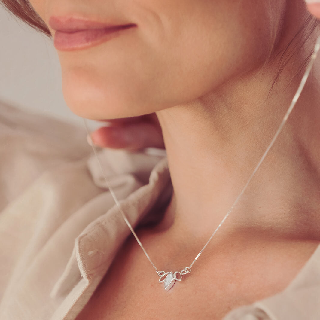 Cremation Ashes Eternal Marquise Necklace, on a silver chain, worn on a ladies neck