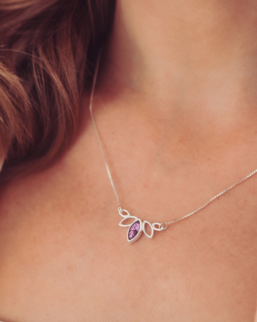 Cremation Ashes Eternal Marquise Necklace, on a silver chain, worn on a ladies neck