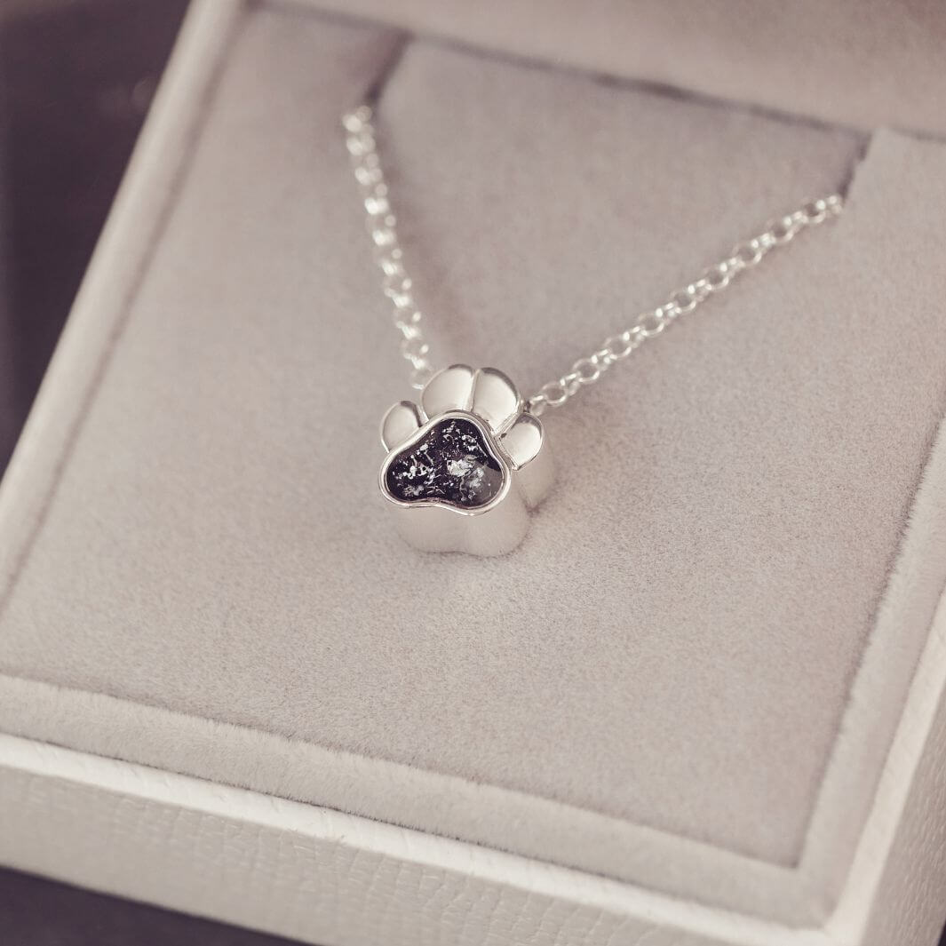 Silver paw print necklace on a gray jewellery box