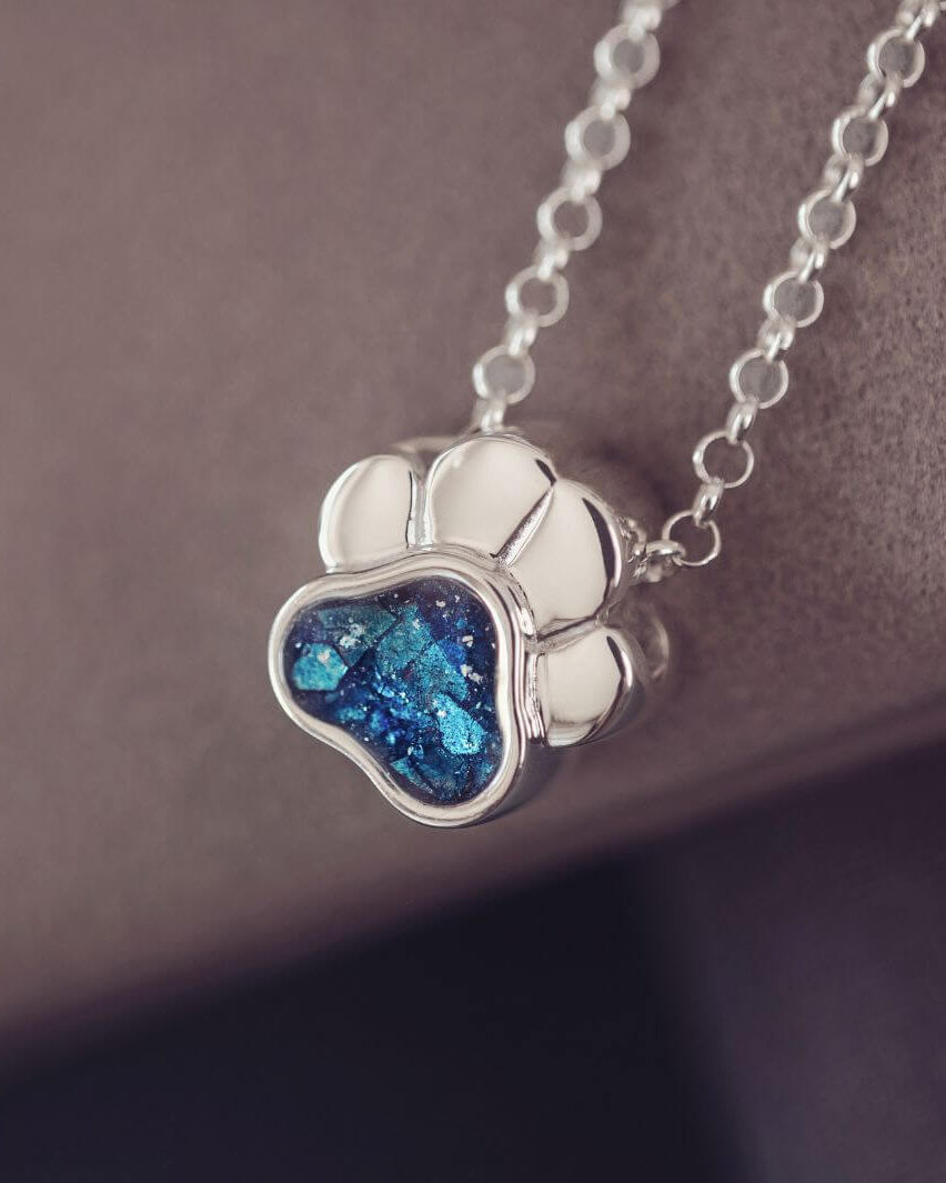 Silver necklace with a paw-shaped pendant featuring a blue gemstone on a brown background