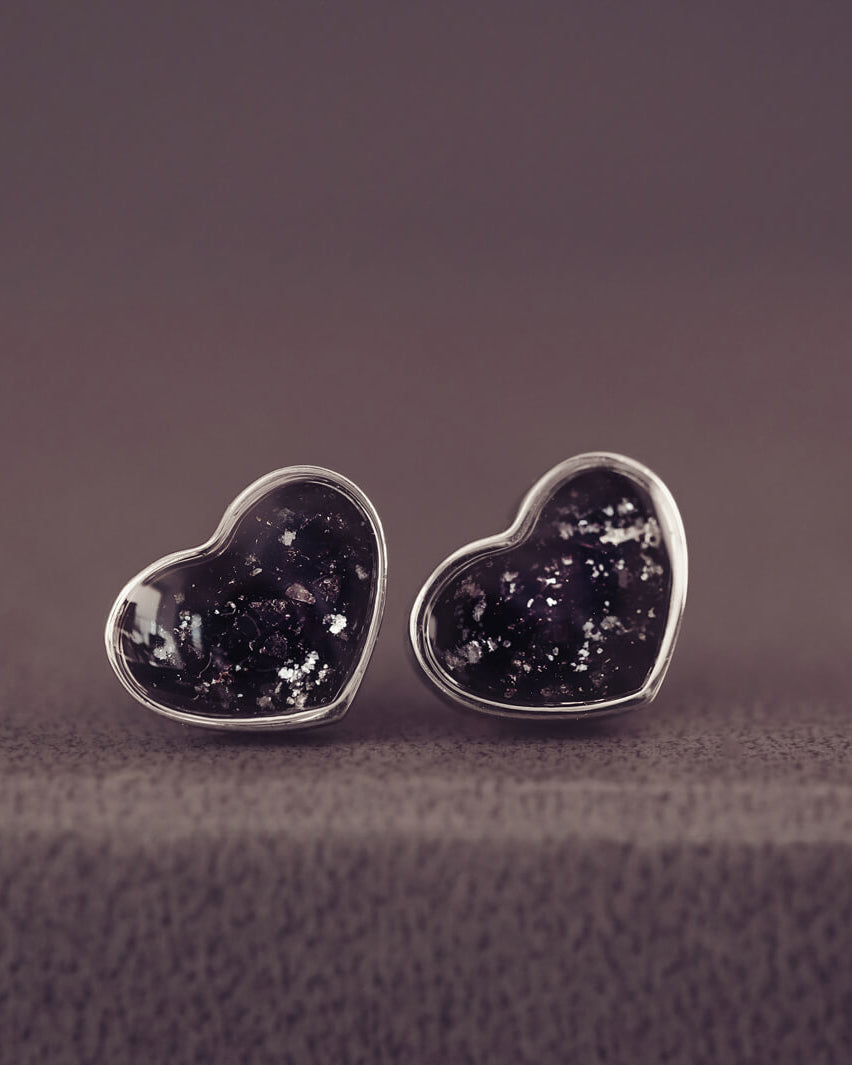sterling silver heart earrings, filled with black crystal and cremation ashes