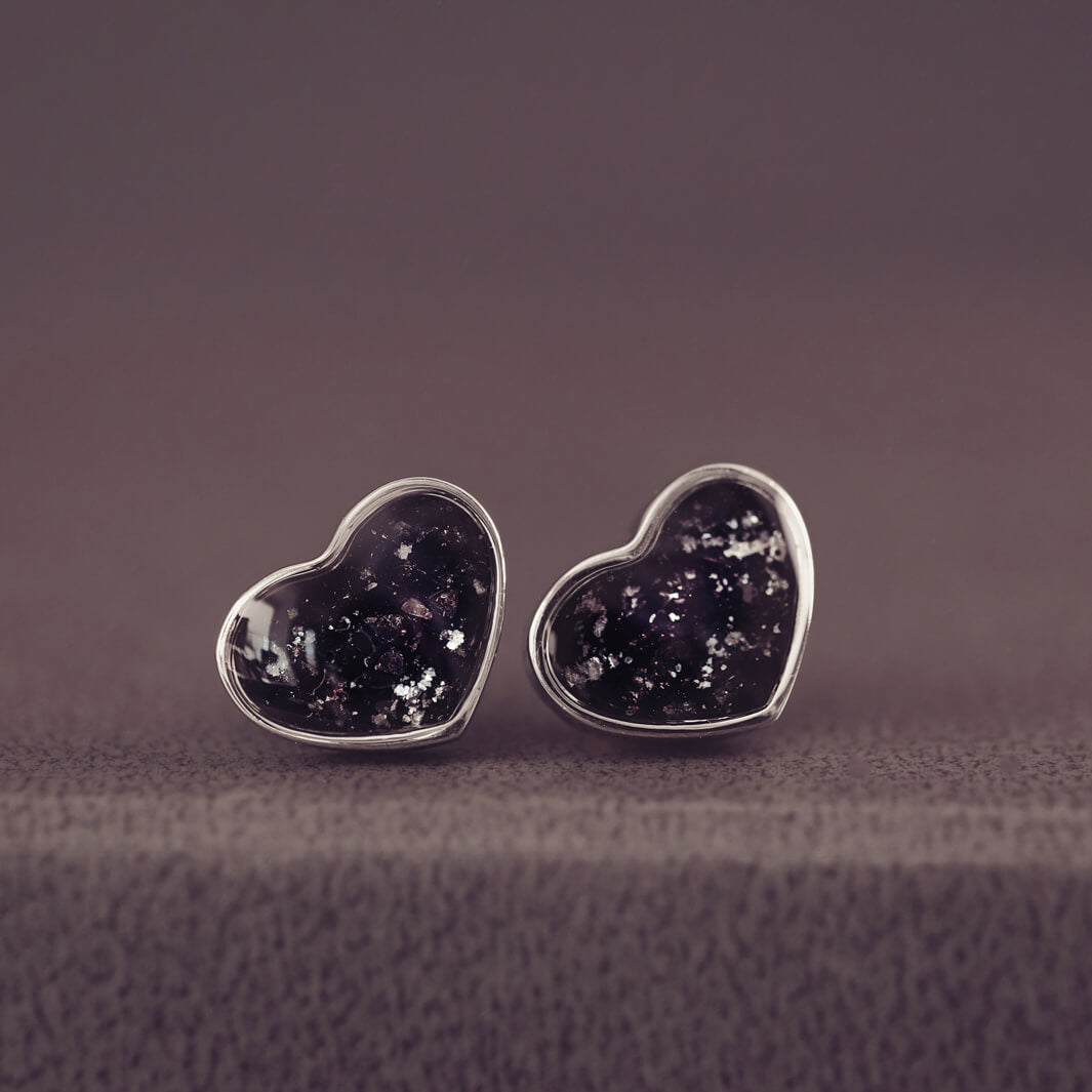 sterling silver heart earrings, filled with black crystal and cremation ashes