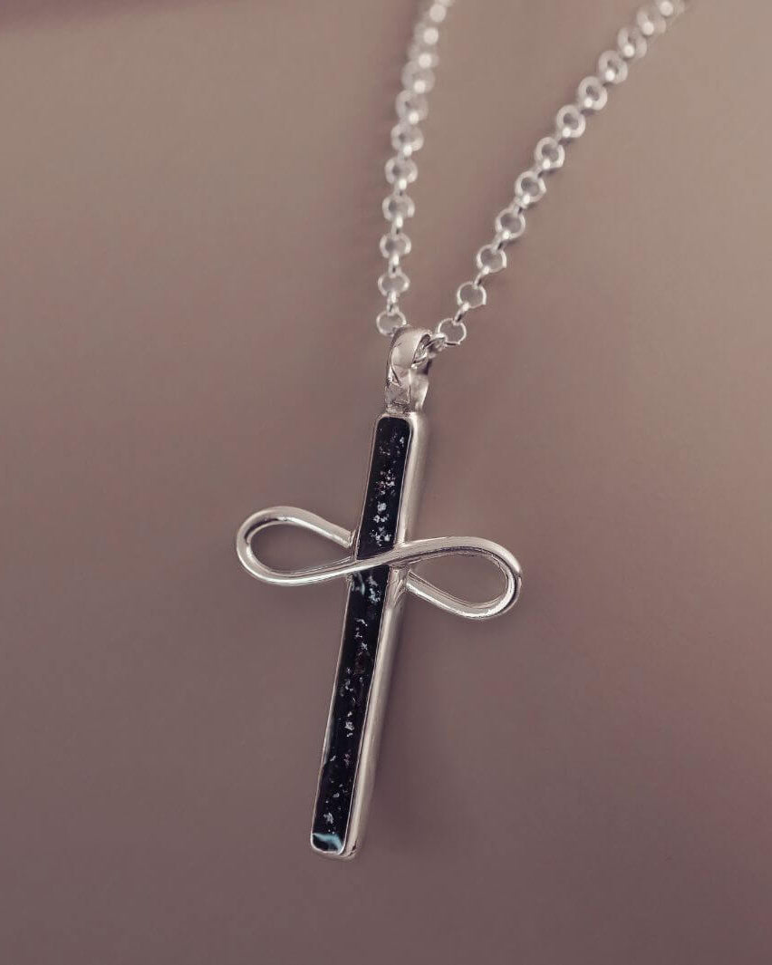 Sterling Silver Cross Necklace with a section to hold your loved ones ashes, with ashes, black crystal and resin