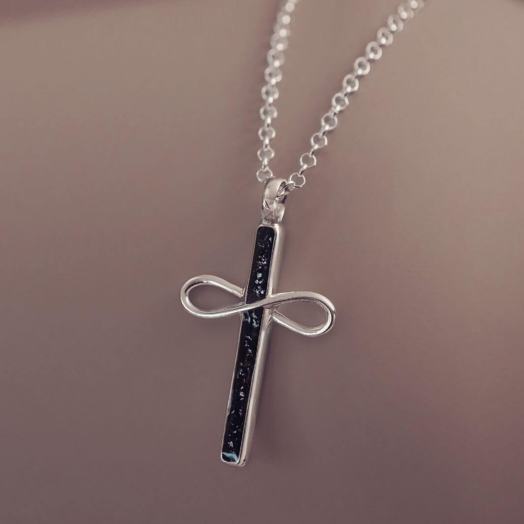 Sterling Silver Cross Necklace with a section to hold your loved ones ashes, with ashes, black crystal and resin