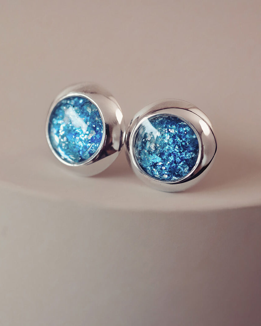 Blue Cremation Ashes Round Earrings Studs