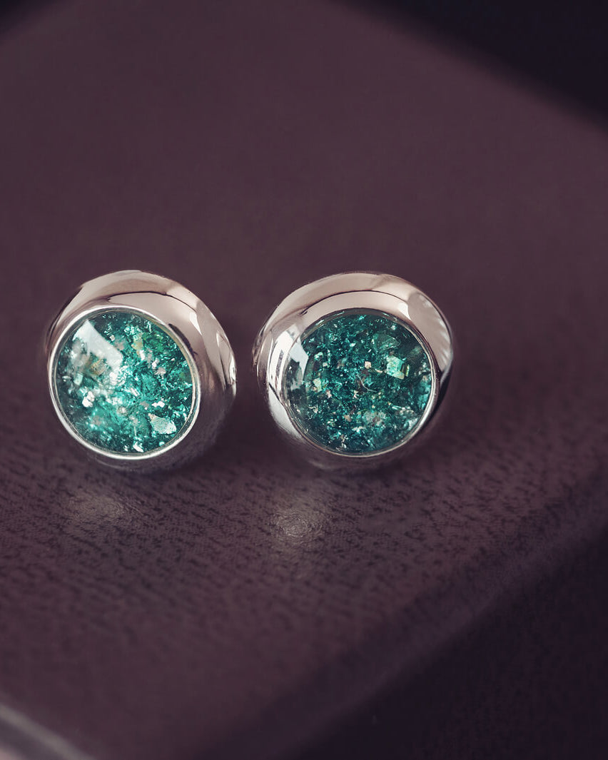 Green Cremation Ashes Round Earrings Studs