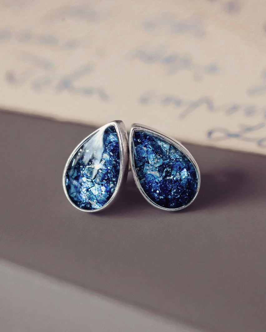 Cremation Ashes Teardrop Earrings Blue