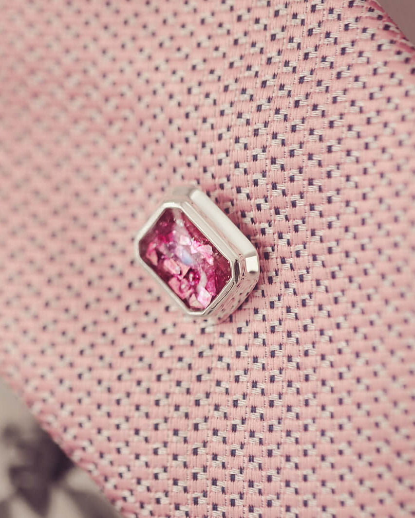 silver tie pin, created with pink crystals, resin and cremation ashes.
