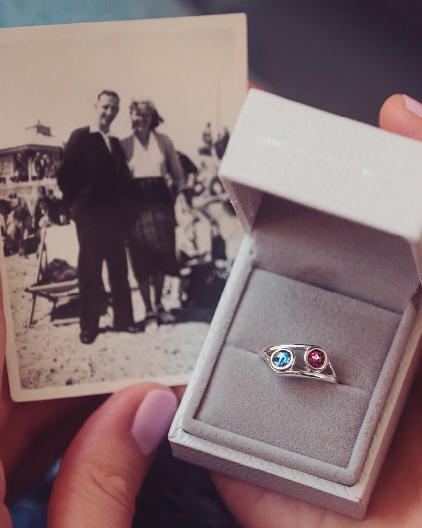 sterling silver ring with two circles created with coloured crystal & cremation ashes.