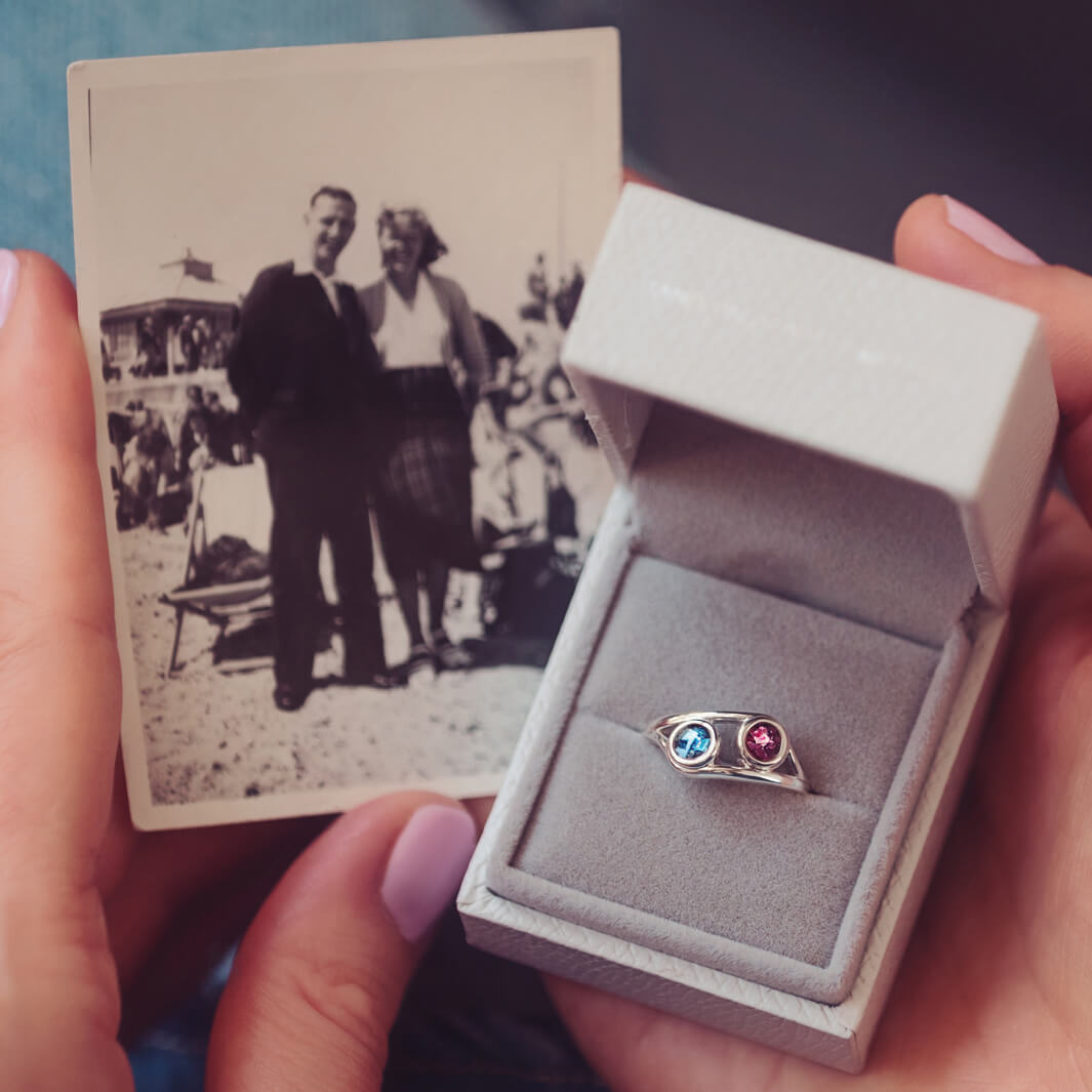 sterling silver ring with two circles created with coloured crystal & cremation ashes.