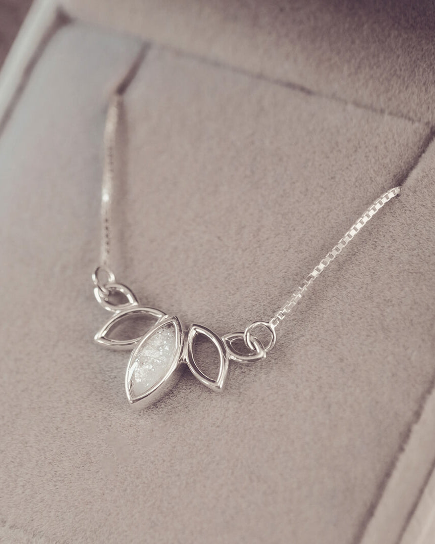 Sterling silver necklace in marquise style, with gem created from clear crystal, ashes and resin