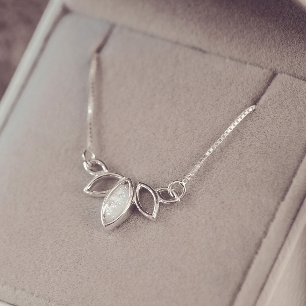 Sterling silver necklace in marquise style, with gem created from clear crystal, ashes and resin