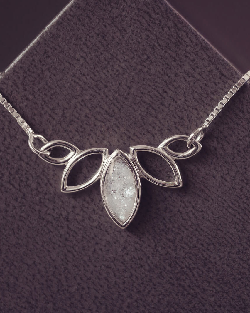 Sterling silver necklace in marquise style, with gem created from clear crystal, ashes and resin