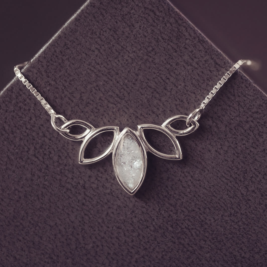 Sterling silver necklace in marquise style, with gem created from clear crystal, ashes and resin