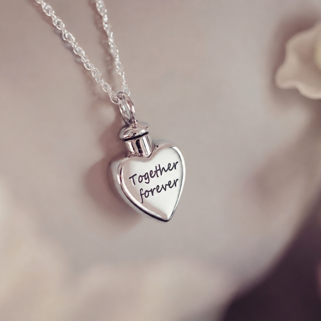 A silver heart-shaped cremation urn pendant engraved with 'Together forever' in black script, hanging from a delicate silver chain against a soft, warm beige background.
