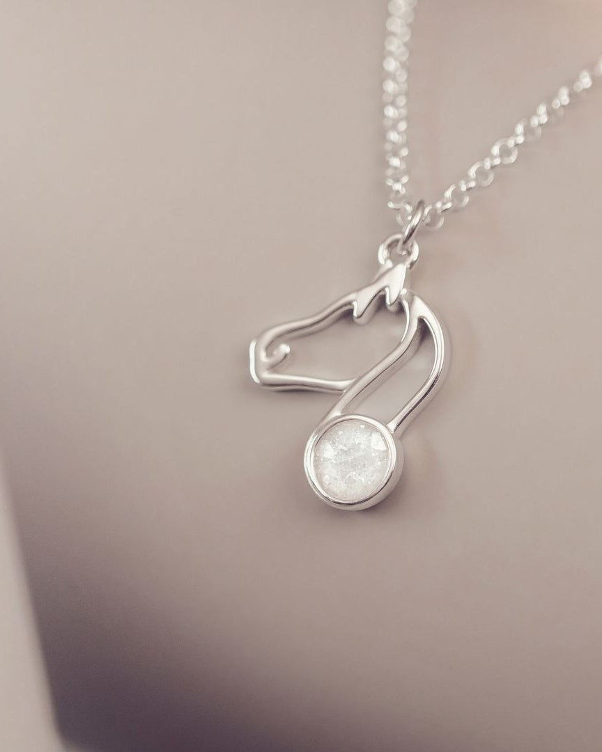 Silver necklace with a pendant on a neutral background