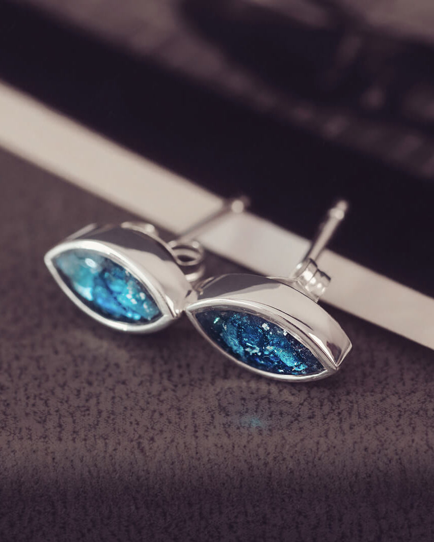 sterling silver marquise cut stud earrings, created with cremation ashes, blue crystal and resin