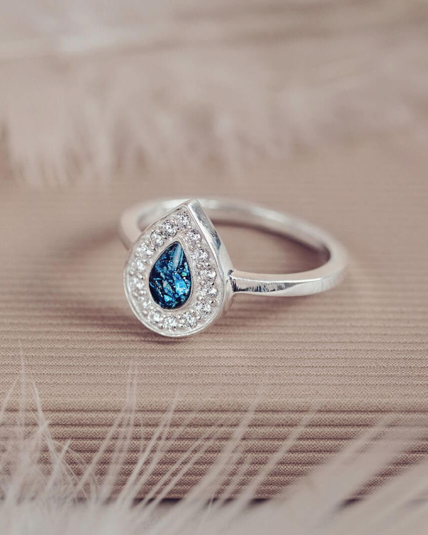 Memorial Ashes Teardrop Sparkle Ring Blue