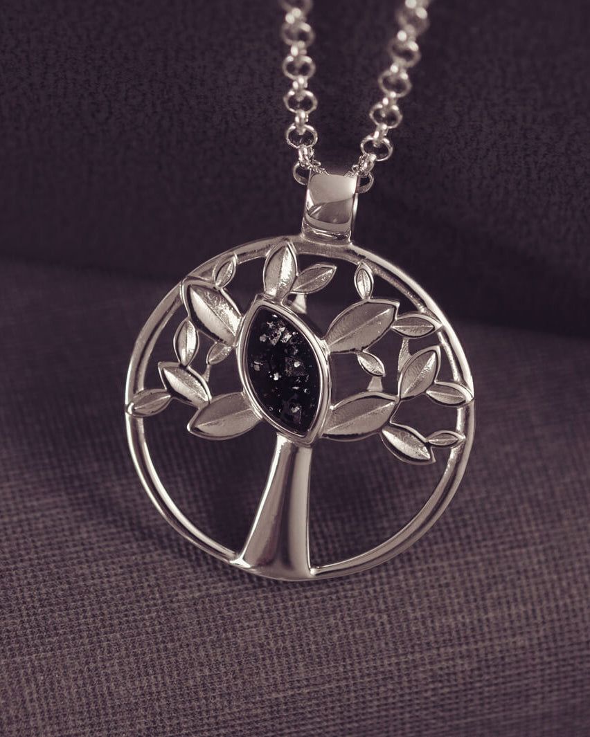 Silver Tree of Life Necklace with black section to hold cremation ashes