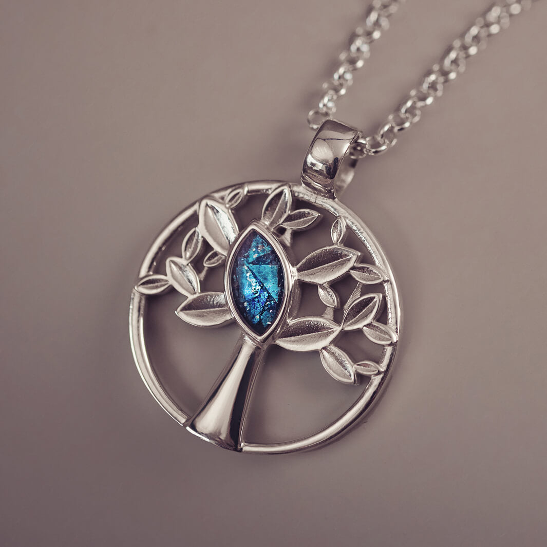 Silver Tree of Life Necklace with blue section to hold cremation ashes
