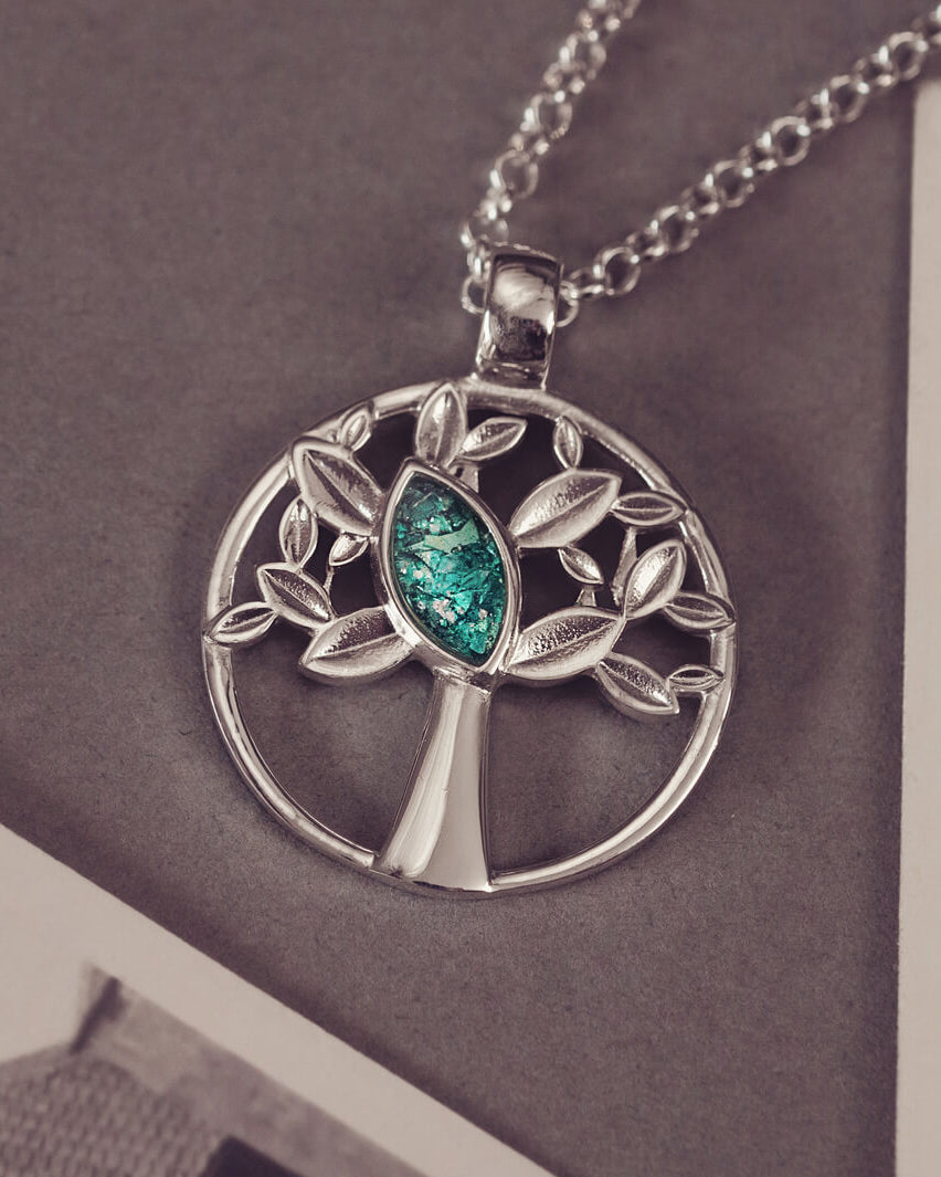 Silver Tree of Life Necklace with green section to hold cremation ashes