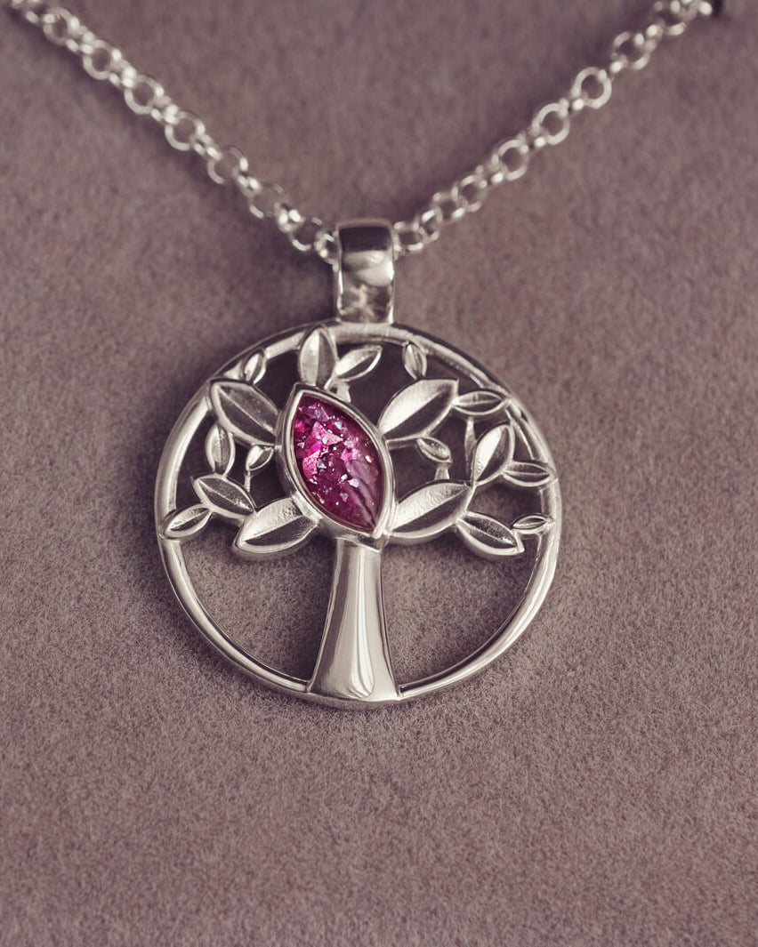 Silver Tree of Life Necklace with pink section to hold cremation ashes
