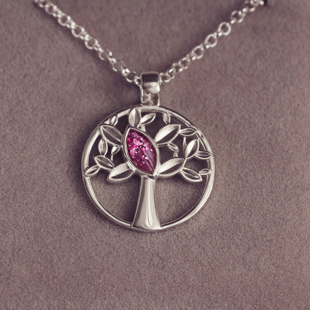 Silver Tree of Life Necklace with pink section to hold cremation ashes