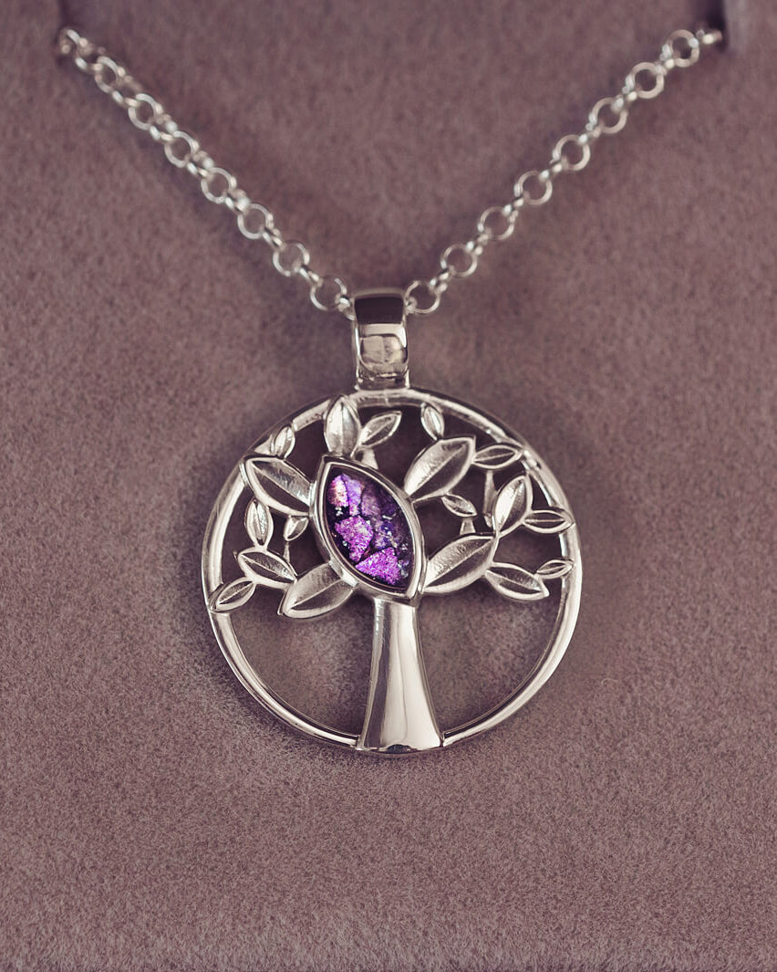 Silver Tree of Life Necklace with purple section to hold cremation ashes