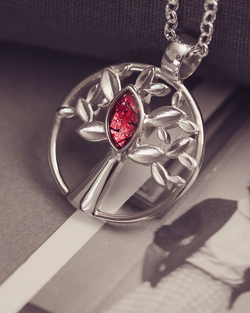 Silver Tree of Life Necklace with red section to hold cremation ashes