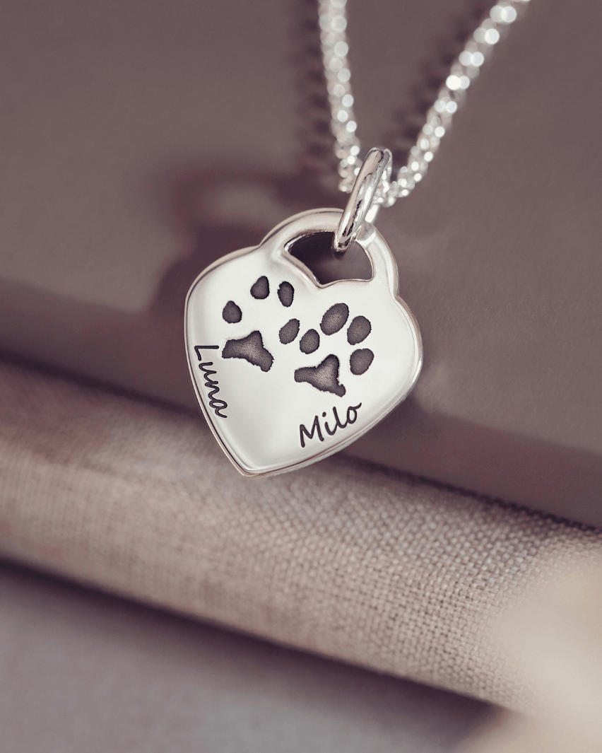 Pawprint Lock Heart Necklace, Two Prints and Two Names