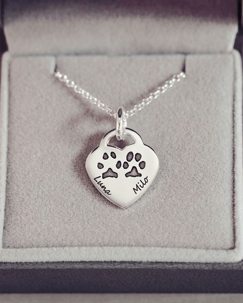 Pawprint Lock Heart Necklace, Two Prints and Two Names
