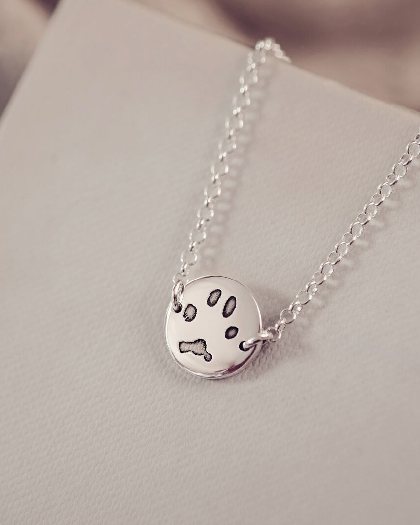 A round silver pendant bracelet featuring a detailed engraved pawprint, displayed on a delicate silver chain. The necklace rests in an elegant, soft velvet jewellery box