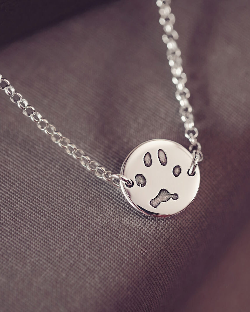 A round silver pendant bracelet featuring a detailed engraved pawprint, displayed on a delicate silver chain. The necklace rests in an elegant, soft velvet jewellery box
