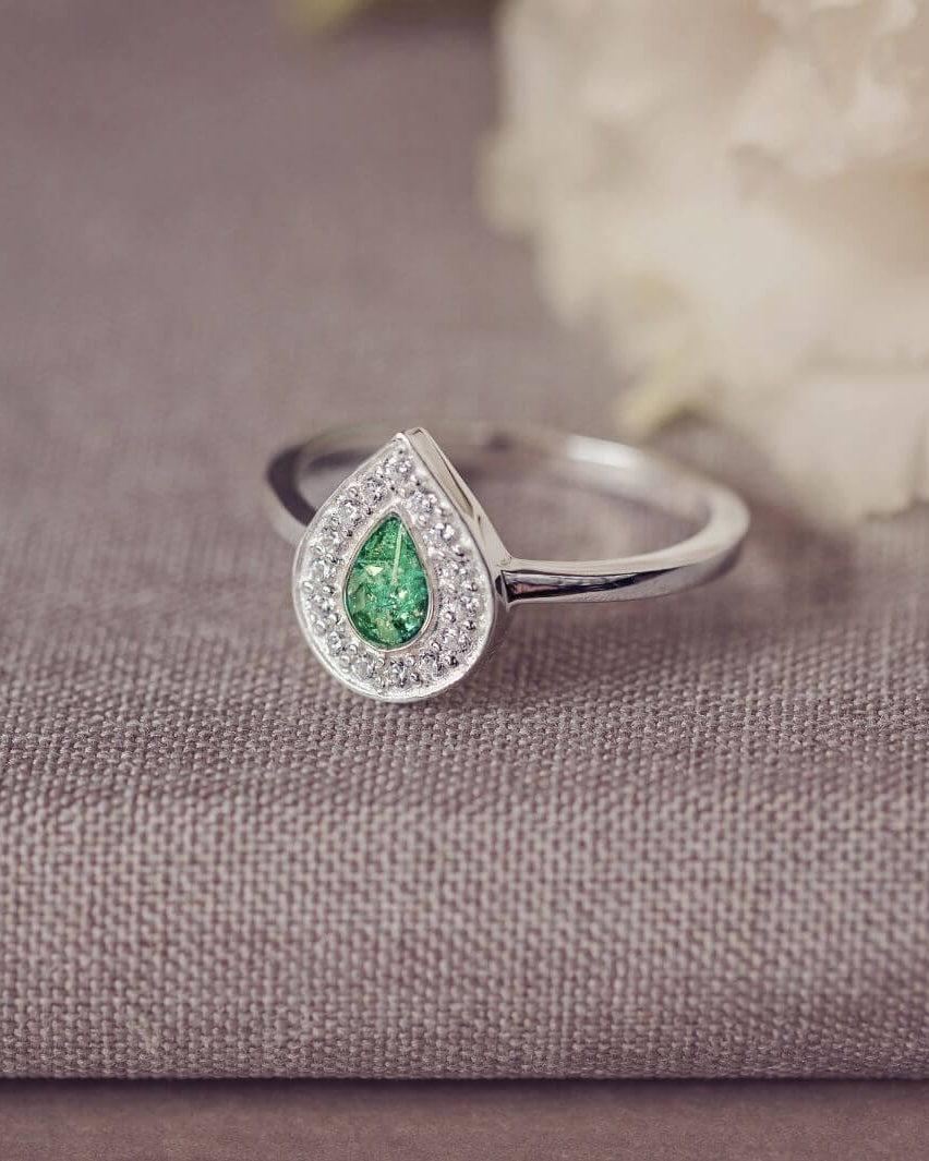 Memorial Ashes Teardrop Sparkle Ring Green
