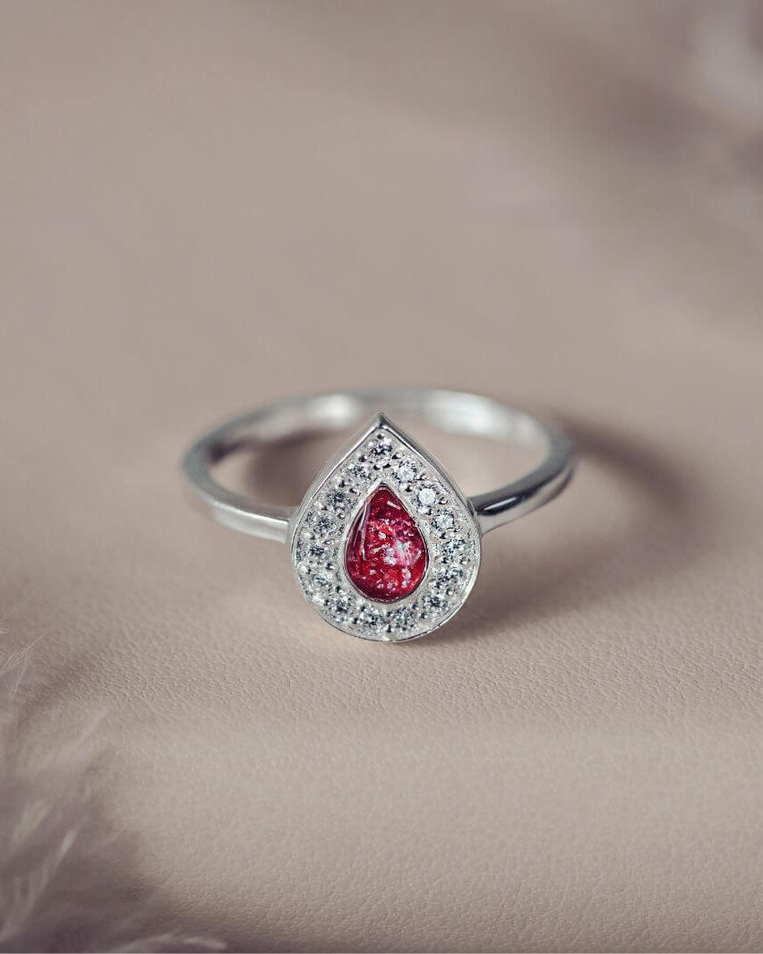 Memorial Ashes Teardrop Sparkle Ring Red