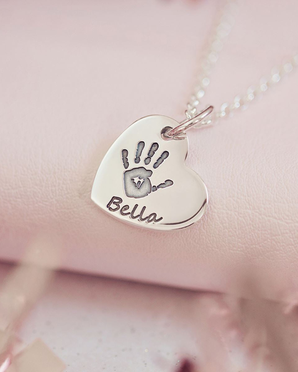Handprint Or Footprint Small Heart Necklace, One Print And Name Necklace Handonheartjewellery