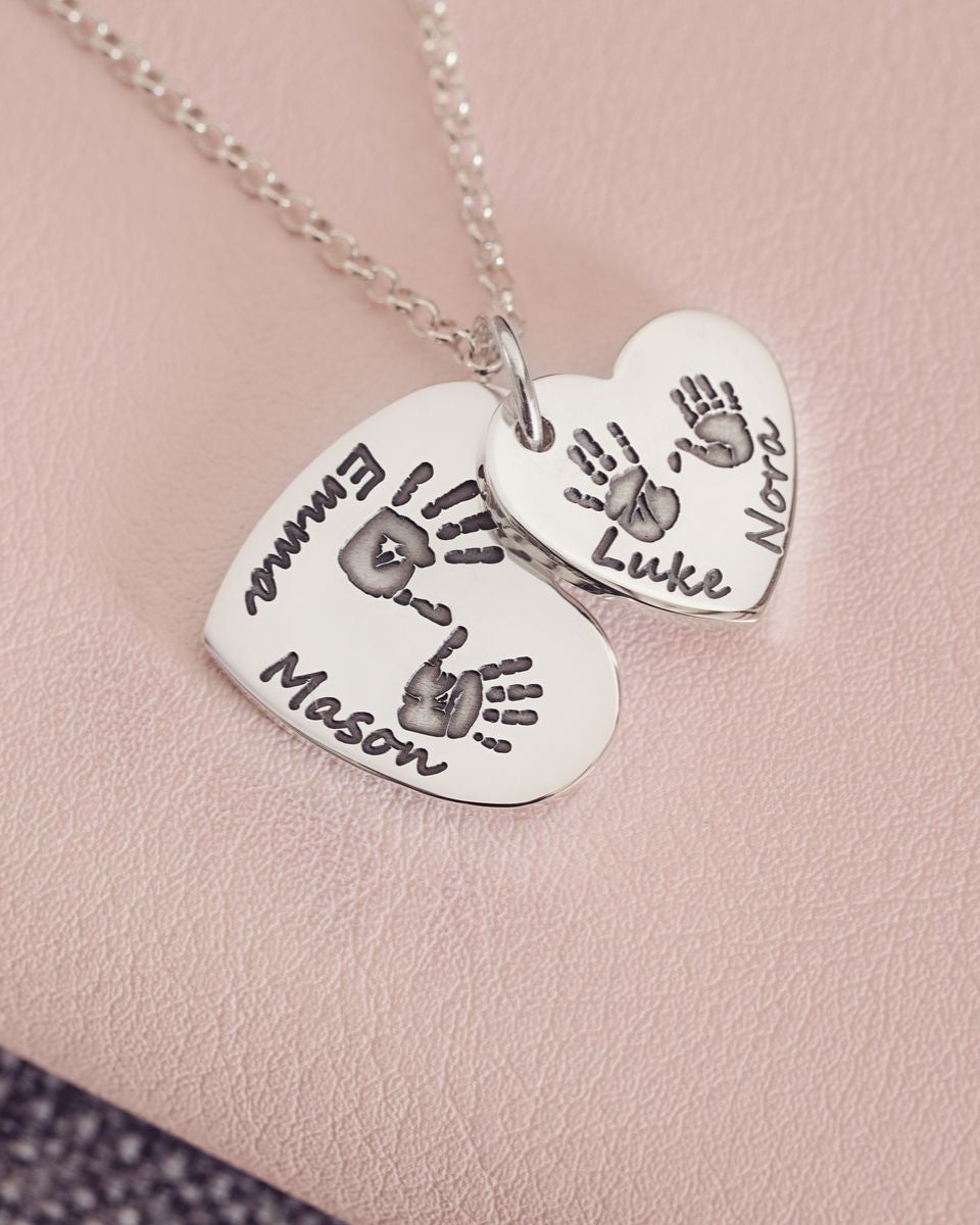 Handprint or Footprint Descending Heart Necklace, Four Prints And Four Names Necklace Handonheartjewellery