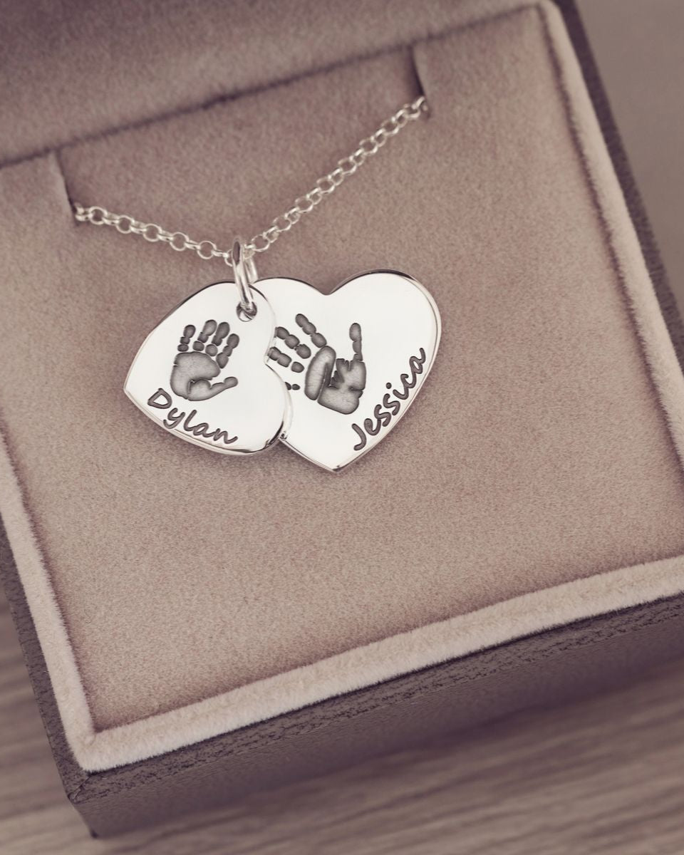 Handprint or Footprint Descending Heart Necklace, Two Prints And Two Names Necklace Handonheartjewellery