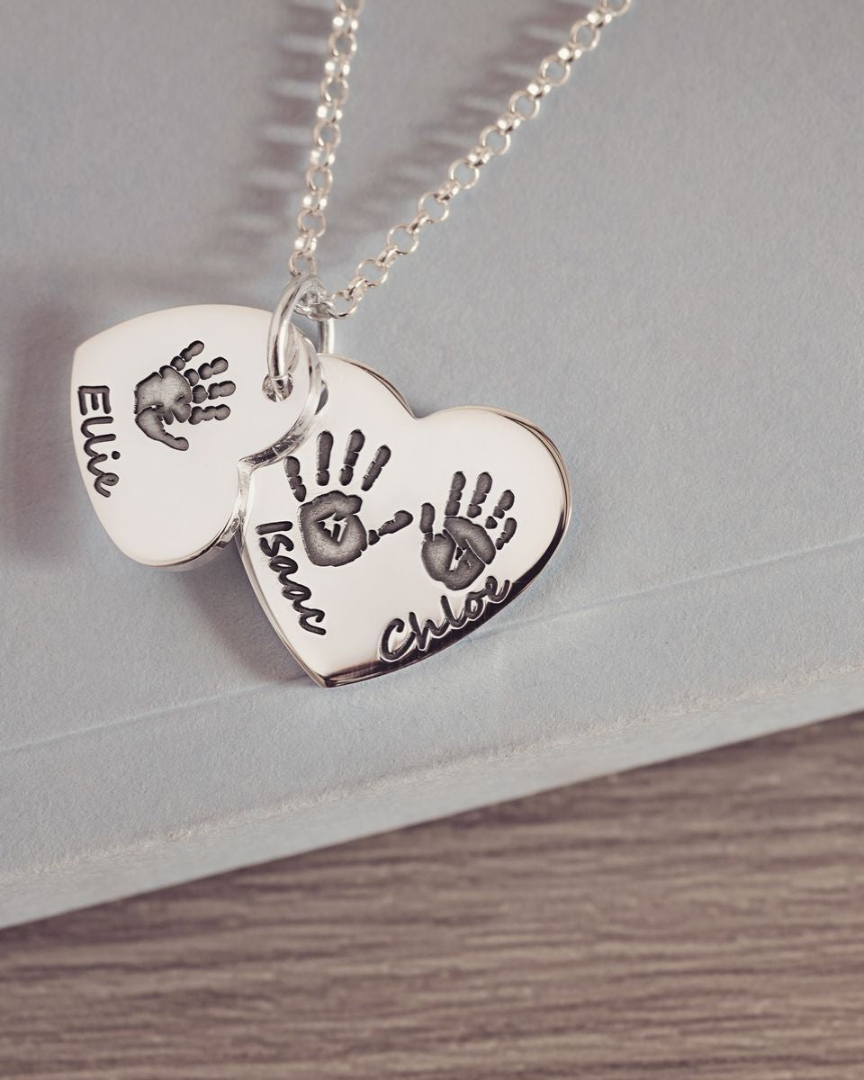 Handprint or Footprint Descending Heart Necklace, Three Prints And Three Names Necklace Handonheartjewellery