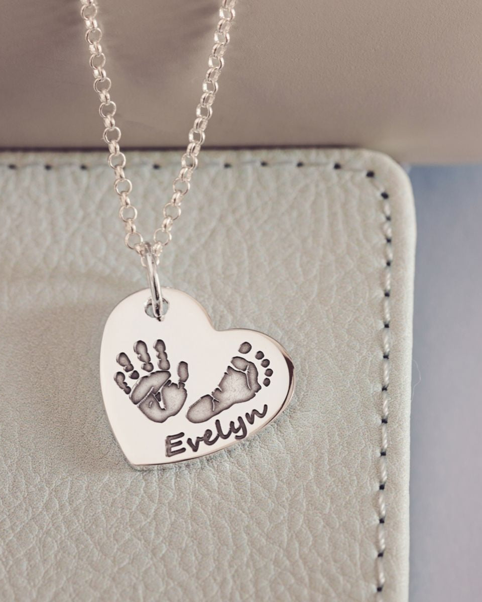 Handprint Or Footprint Large Heart Necklace, Two Prints And One Name Necklace Handonheartjewellery