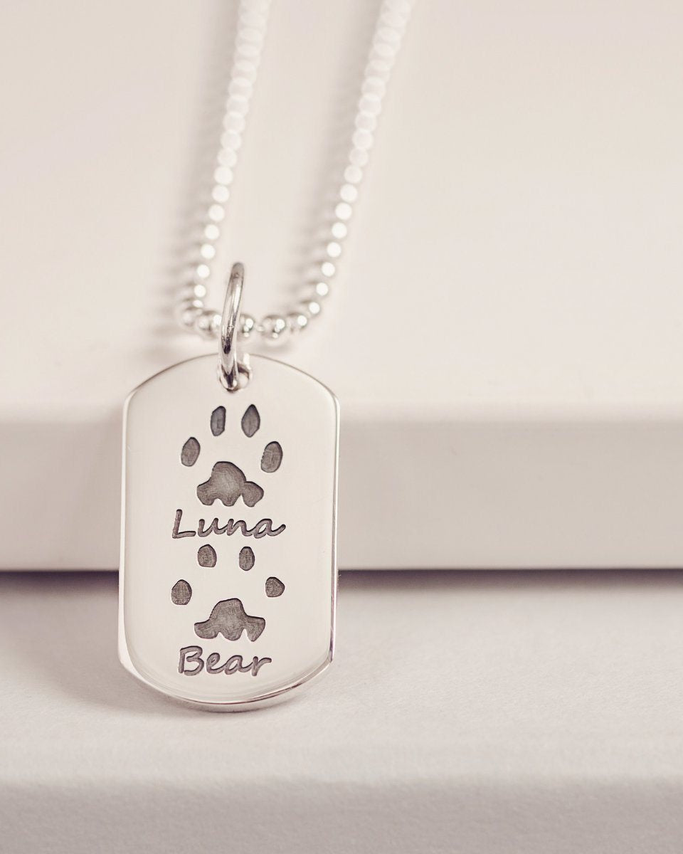 Silver Dog Tag Necklace with Pawprints
