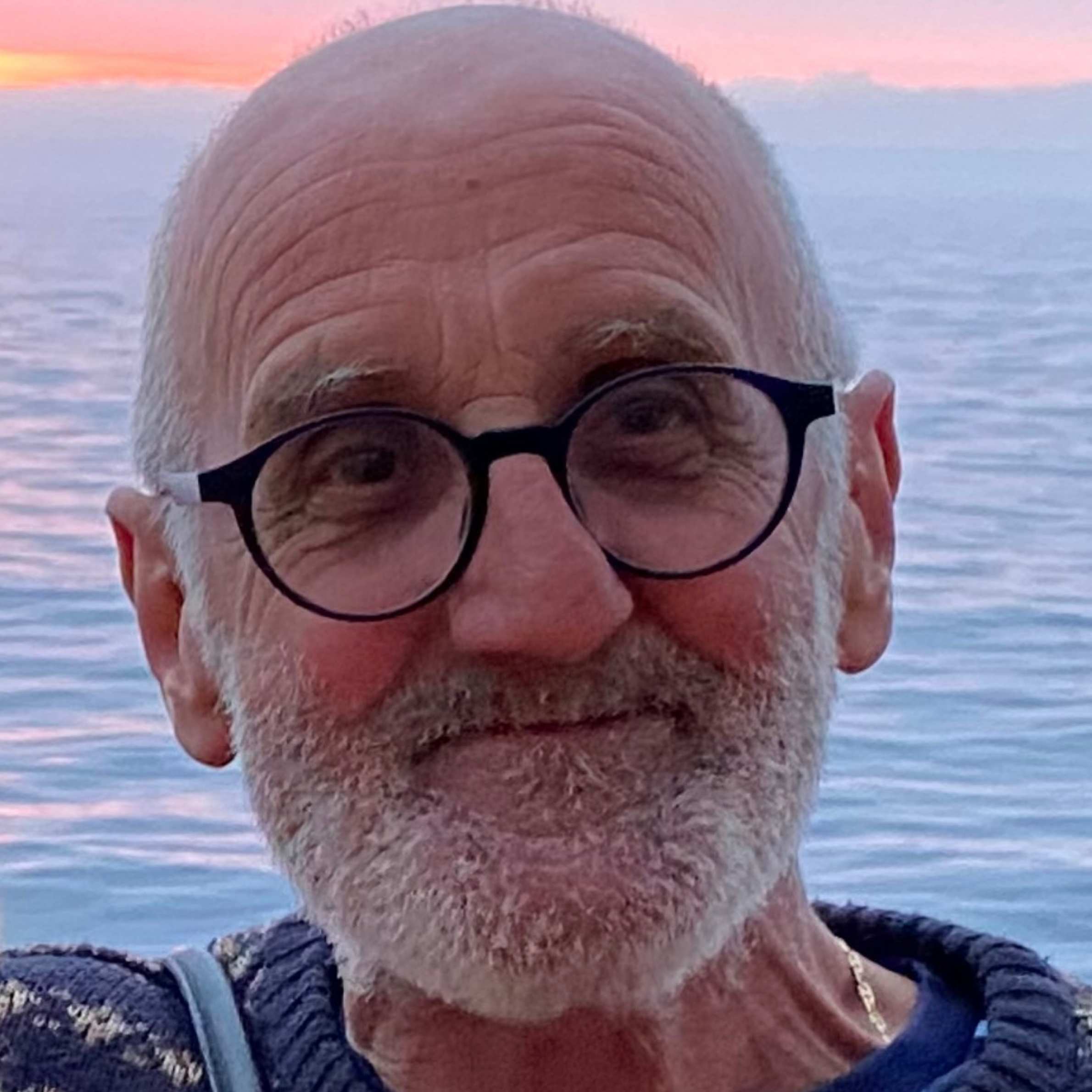 A man wearing a knitted blue jumper with black framed glasses standing infront of the ocean with a beautiful pink and orange sunset behind him