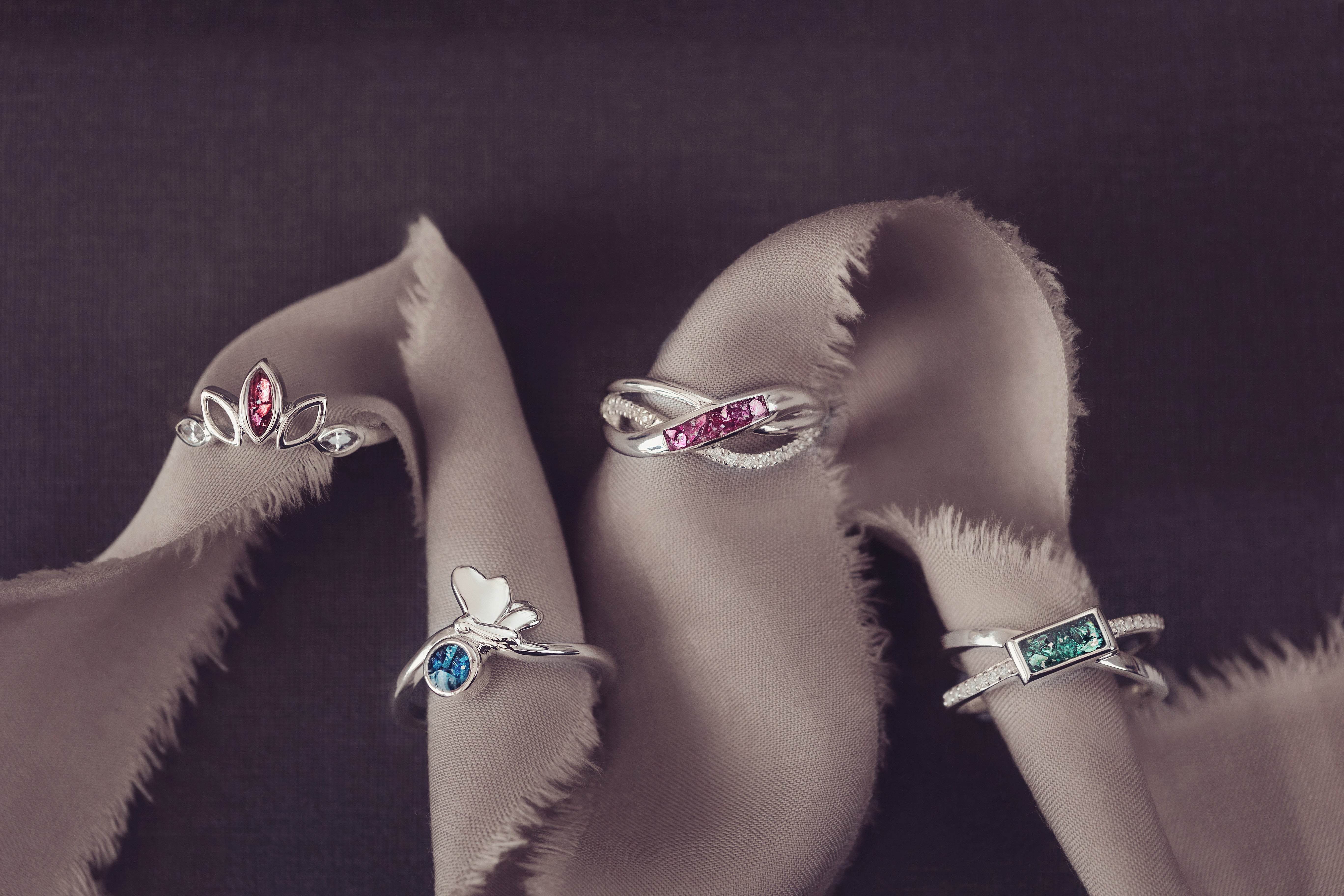 Ashes jewellery rings in various designs, showing the different ashes jewellery colours available